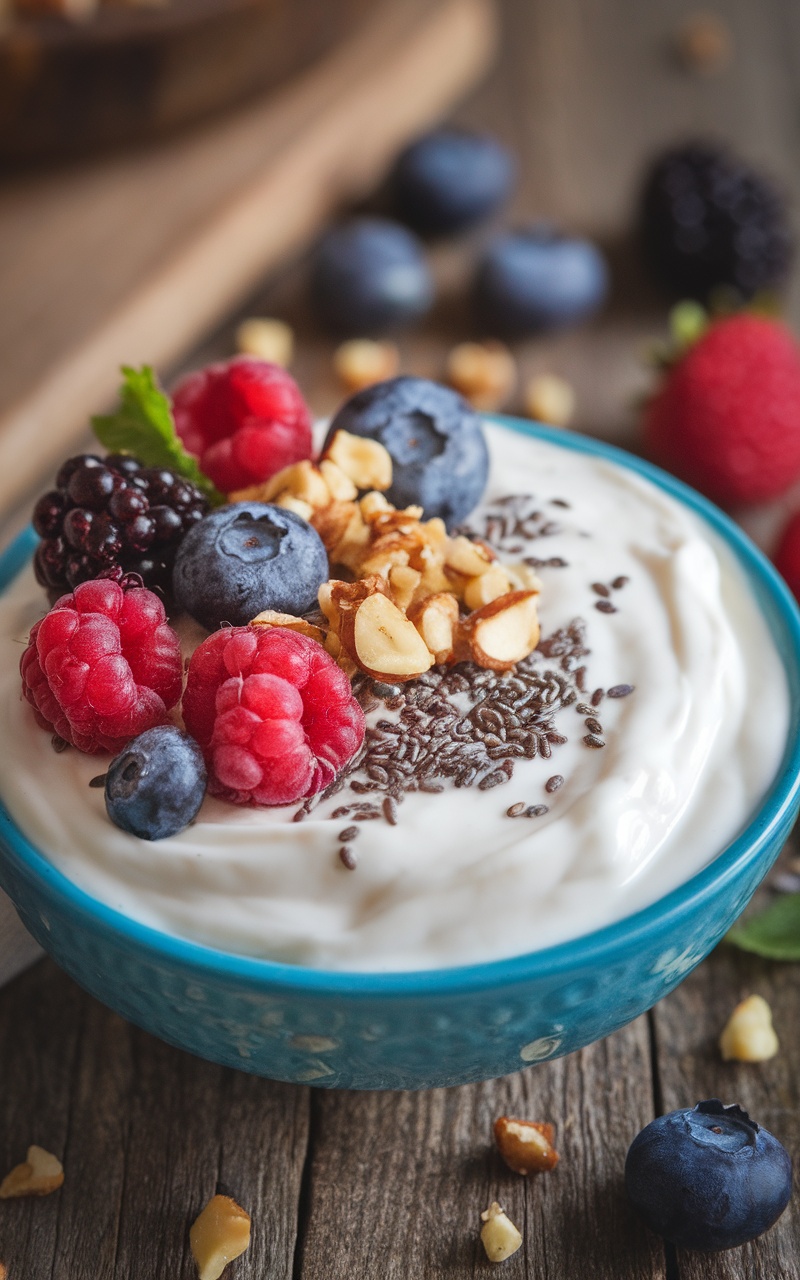Creamy keto yogurt in a bowl topped with berries, nuts, and chia seeds on a rustic table.